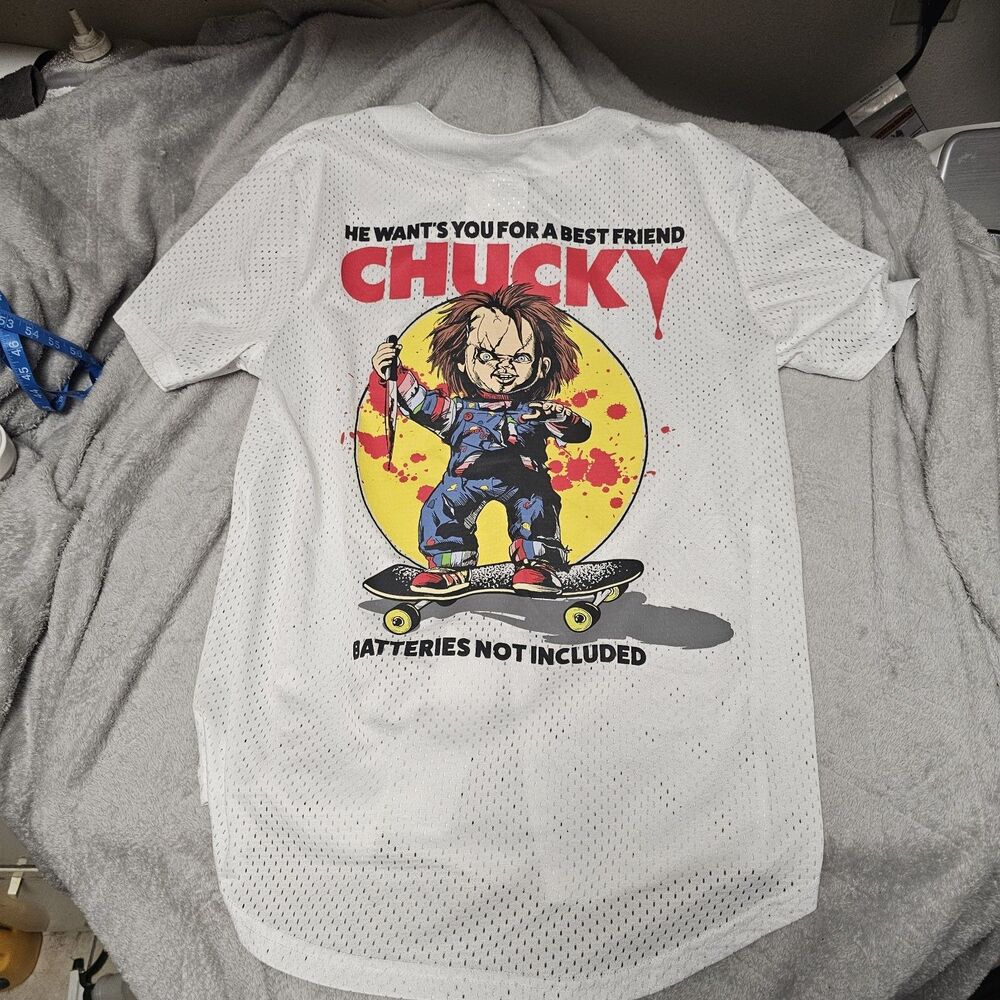 Chucky Button Up Jersey White Men's Size Medium Wanna Play? Child's Play Horror